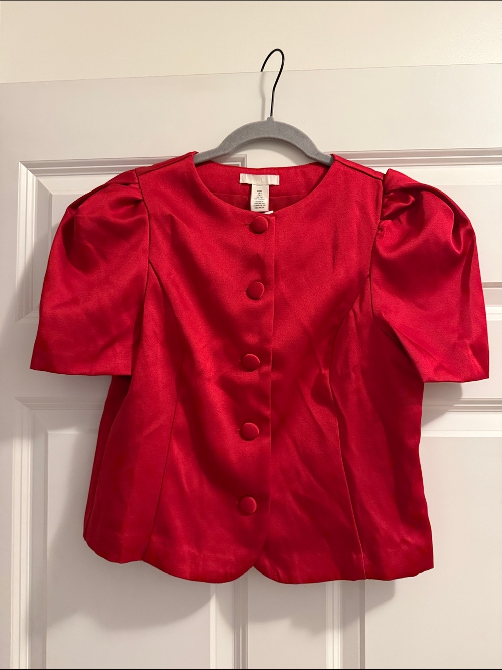 H&M Red Satin Puff Sleeve Button-Front Blouse